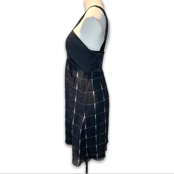 Black Sheer Silk Dress Babydoll Sz S V Neck White Checkered Minimalist Party - Picture 2 of 8
